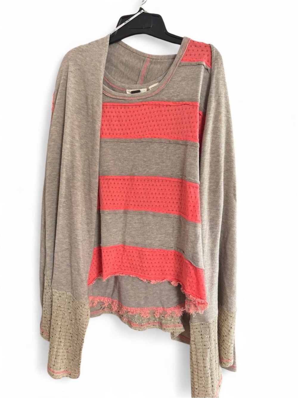 Miss Me Taupe and Coral Striped Lightweight Sweater Set